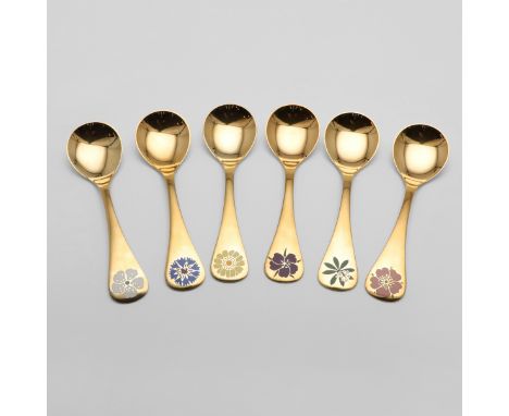 1971-1976, each decorated with an enamel flower, contained in a display case; the spoons 5.9" (15cm) long; 8.75ozt (6). *CR P