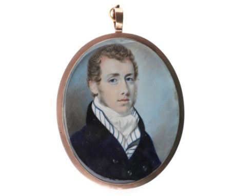 Portrait miniature of a gentleman circa 1805, wearing a black coat, striped waistcoat and cravat, watercolour on ivory with g