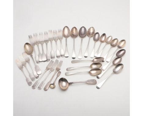 to include: 4 Old English table spoons and 11 dessert spoons, together with 7 Fiddle Pattern table forks, 6 dessert forks, a 