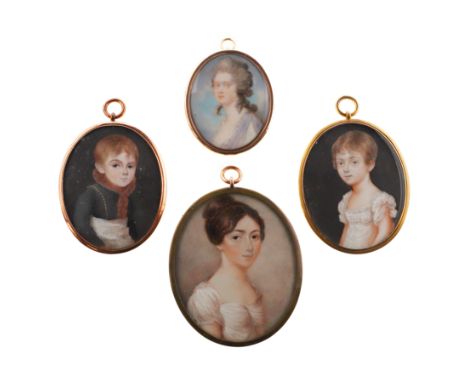 two miniature portraits of children, each half length on a dark background, a Regency portrait of a lady, half length, and a 