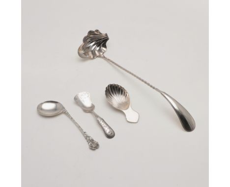 with a bead border and twist stem, maker's mark worn, 1890, together with a 19th century Dutch caddy spoon, with engraved dec