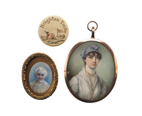 miniature portrait of a lady wearing a grey bandeau and white dress with gold chain &amp; pendant, half length on ivory 7x 5.