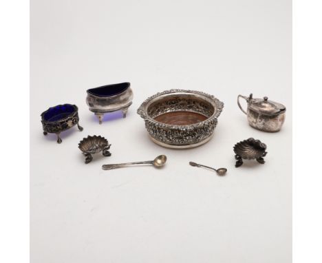 a navette-shaped salt, a pierced oval salt &amp; mustard (all crested, A/F &amp; with blue glass liners), a pair of Victorian