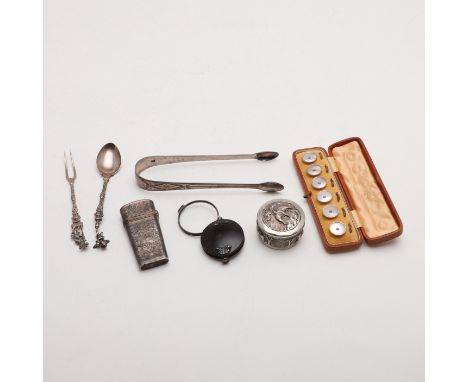 an engraved etui, (no innards), initialled &amp; unmarked, a tortoiseshell mounted magnifying glass, a Far Eastern circular b