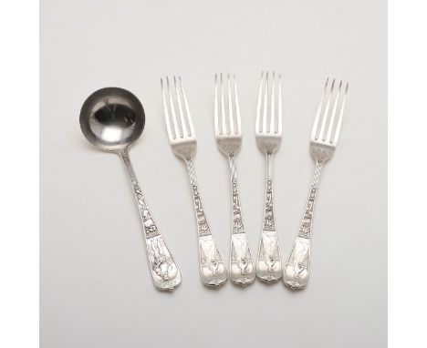 4 table forks and a sauce ladle, decorated in relief with plants, fruits and vegetables, the ladle with a Gentleman with a ri