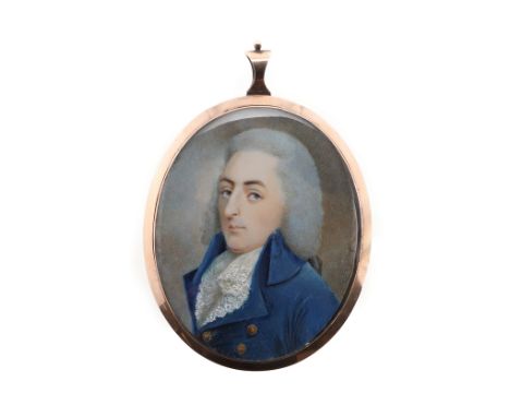 Portrait miniature of a gentleman wearing blue coat and lace cravat, watercolour on ivory with gold frame, the reverse with c