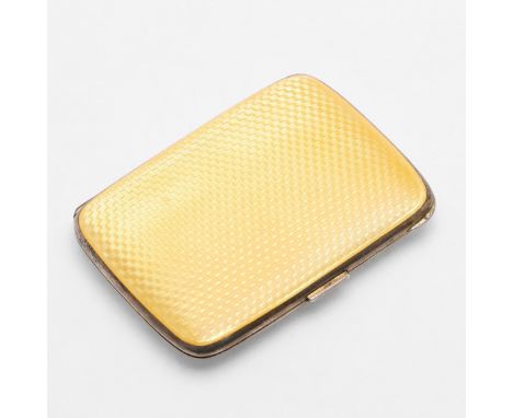 decorated in yellow guilloche enamel, gilt interior, import marks for London 1929; 3.1" (8cm) long; 3.2ozt. *CR A bit of wear