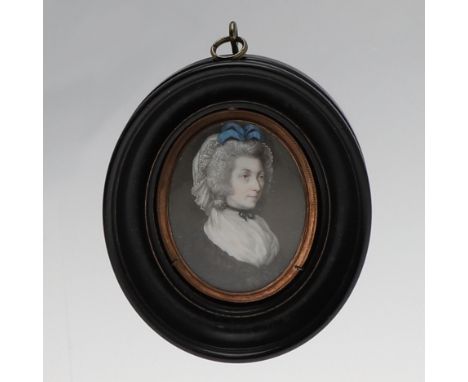 Miniature portrait of Amphyliss Lewis, wearing a black dress and bonnet with a blue ribbon, on ivory; 4.25cm x 3.25cm Ivory R