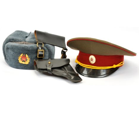 A Group of Soviet Military Uniform Items Etc. Comprising: Soviet Army winter hat (size 56); Soviet Military Police officer's 