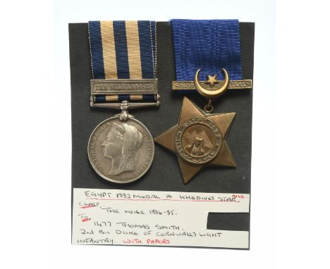 A Pair of Egypt Campaign Medals awarded to 1477 Pte T. Smith 2 / D of C. L. I. (Private Thomas Smith, 2nd Battalion, Duke of 