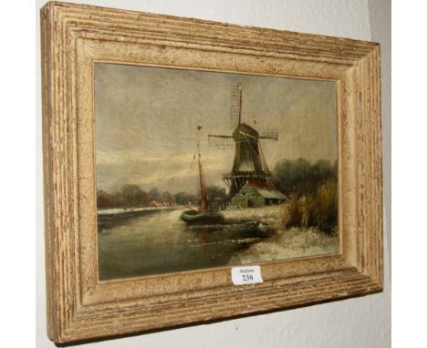 Early 20th Century Dutch School Mill by a river in winter, oils on board, 21cm x 31cm, together with a black and white etchin