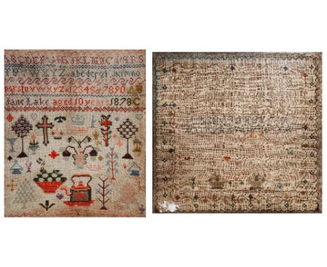A 19th Century child's alphabet sampler by Jane Lake dated 1878 and another early 19th Century child's alphabet sampler (2)