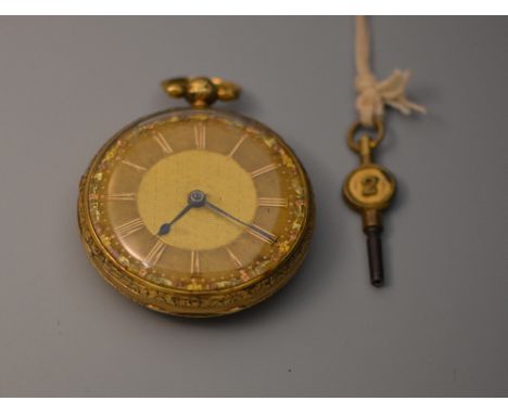 An 18ct gold pocket watch with engine turned case and gilt dial