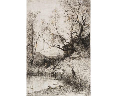 Adolphe Appian (French, 1819-1898) Heron by a pond, signed and dated 1867 in the plate, etching, 24cm x 16.5cm