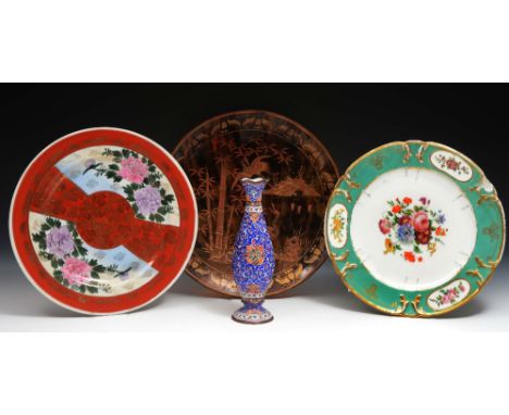 A Japanese tortoiseshell dish and a Persian enamel small vase, a Japanese plate and one other plate