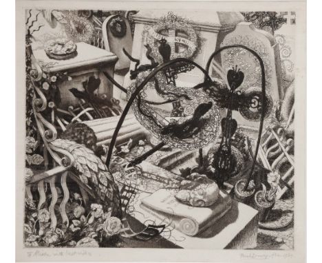 Paul Drury (British, 1903-1987) Flowers in a graveyard, signed and dated 1939, inscribed 'To Alison with best wishes', etchin