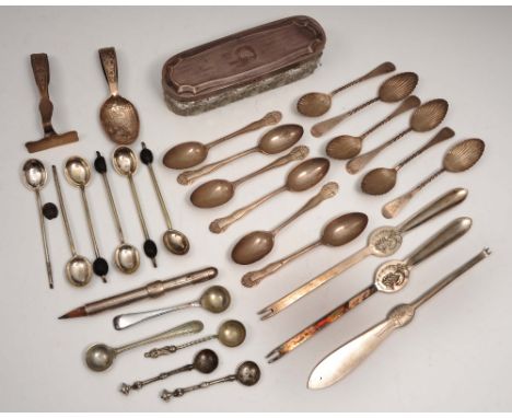 A collection of miscellaneous silver and other wares including a silver caddy spoon, silver teaspoons, silver plated crab pic