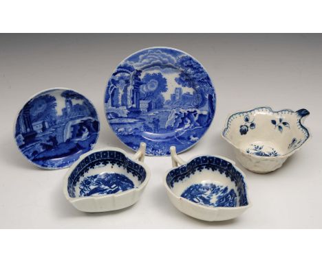A pair of Caughley blue transfer pickle dishes circa 1780, each with fishermen and cormorant pattern, one other leaf moulded 