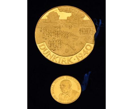 Two cased gold medallions by Slade, Hampton & Son Ltd, to commemorated the twenty-fifth anniversary of Dunkirk, set number 39