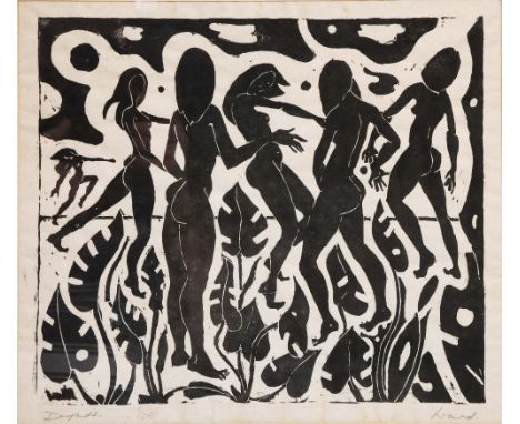 R W Ward (Australian, 20th Century) Dryads, signed and titled in pencil, numbered 1/25, woodblock, 27cm x 31cm