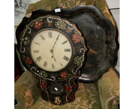 A 19th Century lacquer oval tea tray 76cm and a 19th Century inlaid papier mache wall clock with drop dial, 67cm high (2)