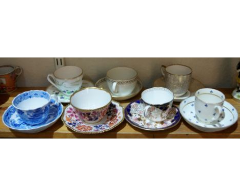 A Newhall blue transfer cup and saucer six other cups and saucers, including Royal Crown Derby, Flight Barr & Barr and Worces