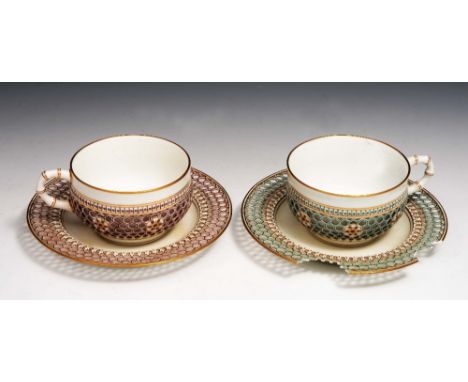 A pair of Sevres porcelain reticulated cabinet cups  and saucers, early 19th Century