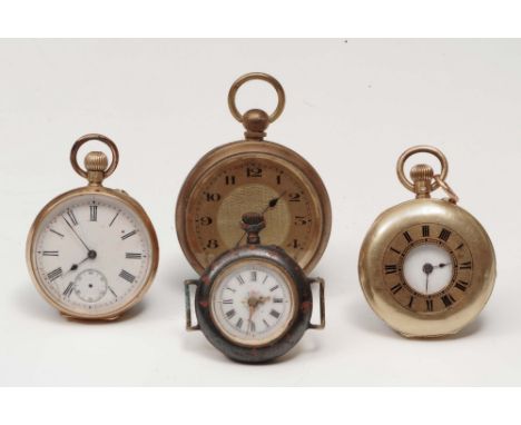 An 18k gold Half Hunter fob watch with enamel dial, together with three further fob wrist watches including an 18k example wi