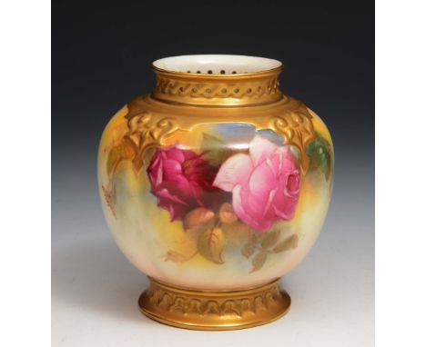 A Royal Worcester blush ivory small vase painted with roses, signed N Hunt, 9.5cm high