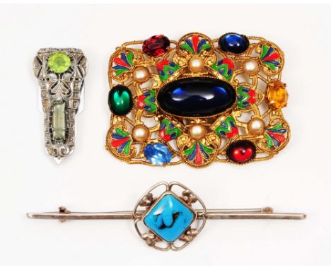 A Czechoslovakian brooch of filigree form with enamel and coloured stone decoration, together with an Art Deco marcasite clip