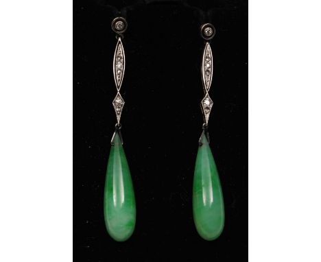 A pair of jade drop earrings  with stylised diamond mounts