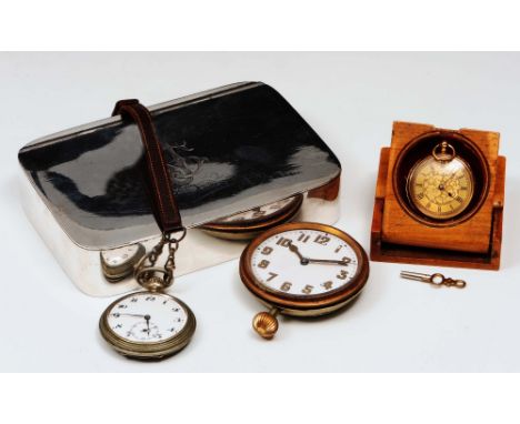 A continental gold fob watch with gilt dial and engraved case, together with a continental pocket watch, an eight day car clo