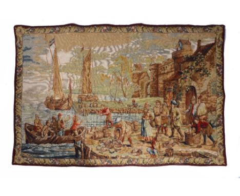 A Belgian cotton tapestry after Teniers with figures unloading a catch, 90cm x 137cm with label to the back' Point de L'Hallu