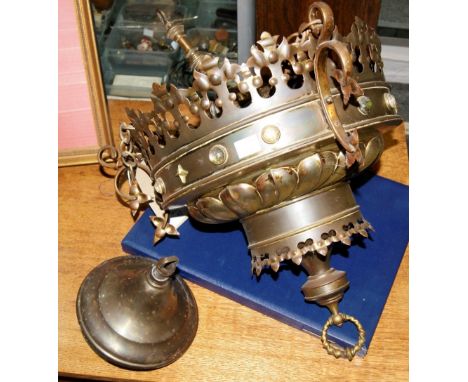 A Gothic brass centre light late 19th Century, with glass studded decoration, of circular tiered form, 34cm across