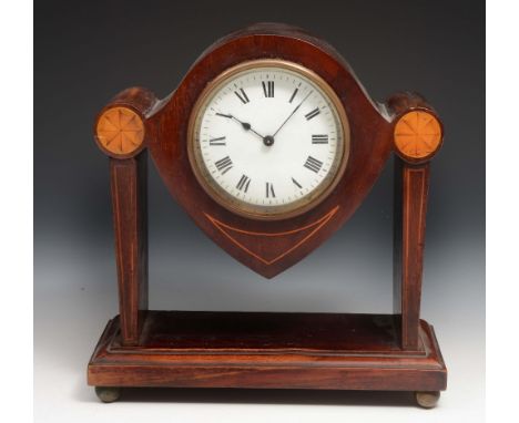 An Edwardian mahogany and inlaid mantel clock with white enamel dial, 22cm across