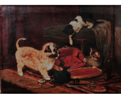 Arthur Batt (British, 1846-1911) A puppy and two kittens playing on a sewing kit, signed and dated 86, oils on canvas, 49cm x