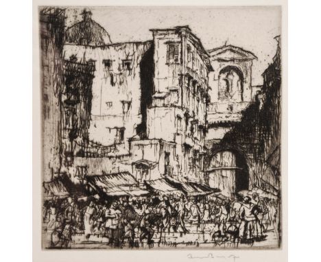 Frank Brangwyn (British, 1867-1956) Busy town scene, signed in pencil, etching, 16cm x 16cm
