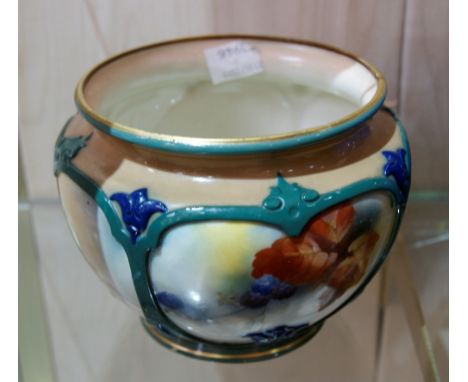 A Royal Worcester bowl printed with panels of blackberries, signed M Lander, 14cm