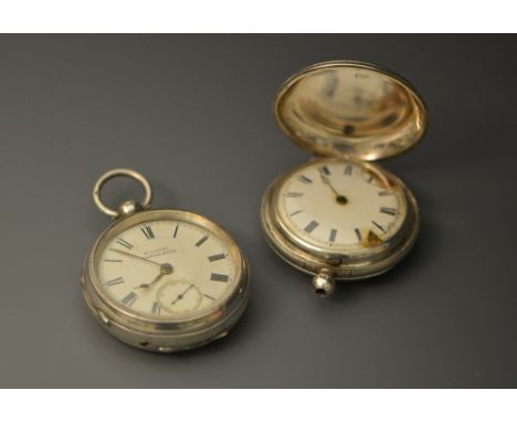 Two silver pocket watches with enamel dial and engine turned cases, one marked H Samuel of Manchester, the other a Hunter exa