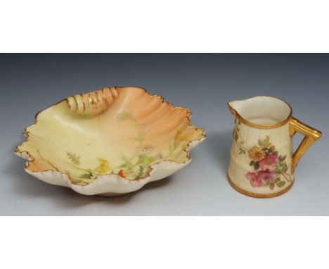 A Royal Worcester shell dish painted with thistles, pattern 1413, and a small Royal Worcester blush ivory cream jug (2)