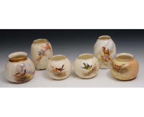 A collection of six Royal Worcester and Grainger and Co blush ivory vases including game birds decorated by James Stinton and