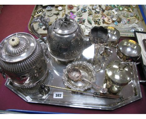 A Decorative Plated Biscuit Barrel, with lion mask and ring handles, a teapot, pair of goblets, candle snuffer, decorative di