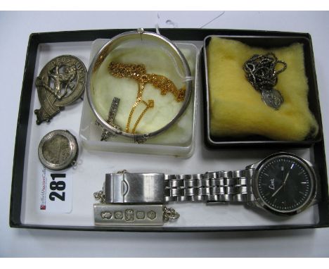 A Hallmarked Silver Ingot Pendant, a hallmarked silver bangle, chains, gent's wristwatch, Scottish Deus Juvat badge, etc.