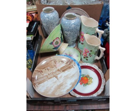 A Pair of Transfer Printed Ovoid Vases, two Victorian graduated jugs, 1930's Kensington green lustre bowl, teapot stand, Spod