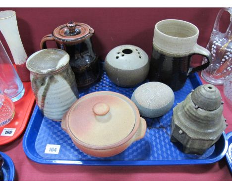 A Leach Pottery Lidded Pot, base impressed "Muchelney", Aylesford pottery coffee jug, and other art studio pottery items.