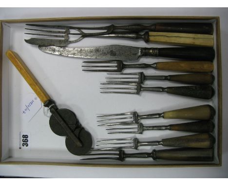 Seven c. XVIII-XIX Century Three Pronged Forks, a meat fork, knife sharpener, fork server, etc. 