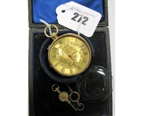 An 18ct Gold Ladies Fob Watch, the foliate engraved dial with black Roman numerals, within engine turned case with vacant car