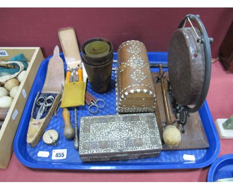 An Early XX Century Indian(?) Enamel and Brass Cigarette Box, XIX Century horn beakers, 1920's dinner gong. 