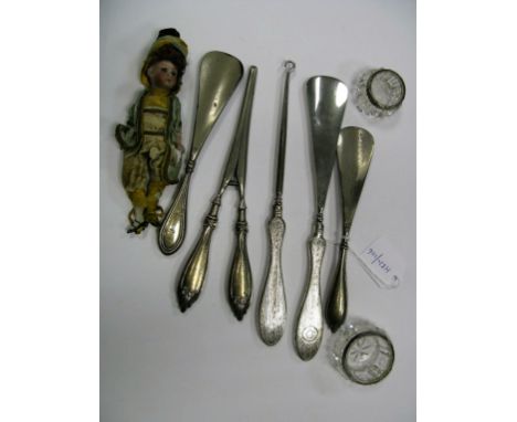 Hallmarked Silver Handled Shoe Horns, a button hook, glove stretchers, a XIX Century Continental miniature porcelain doll, et