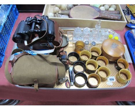 XIX Century Mauchline Ware Napkin Rings, tartan ware, Carl Zeiss binoculars, Kodak Brownie camera, etc:- One Tray